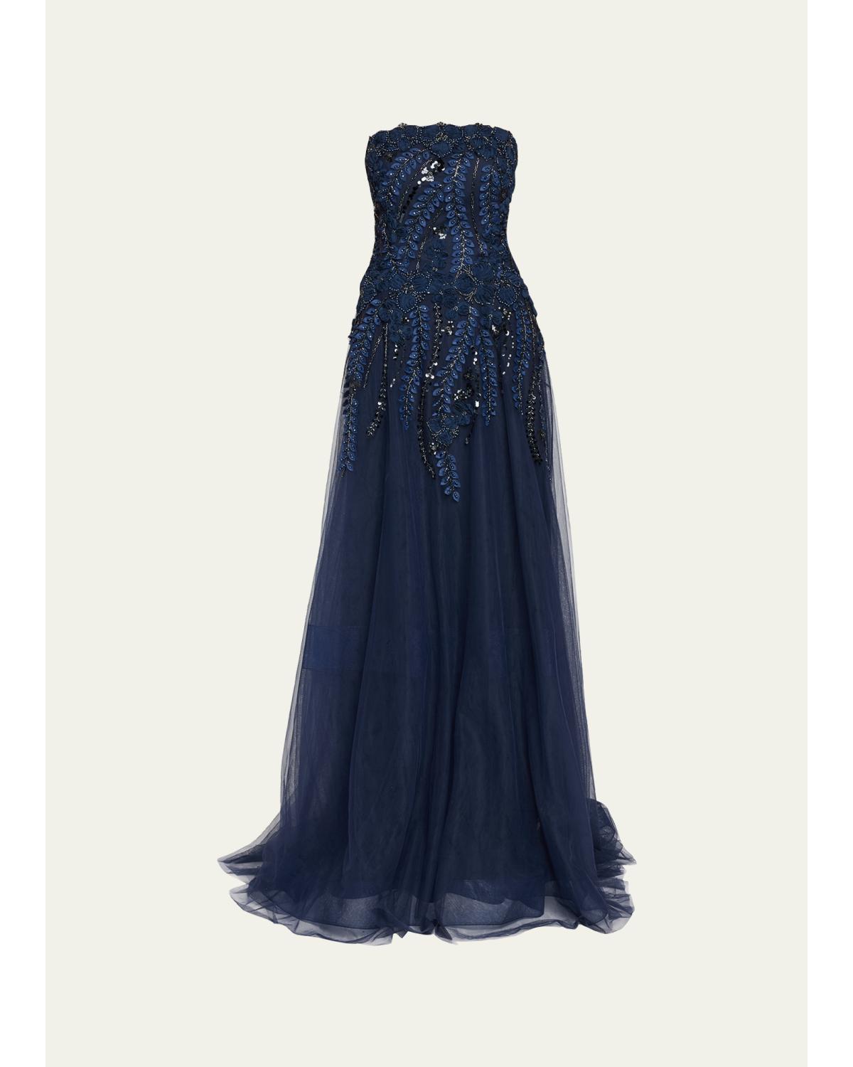 Floral-Embellished Tulle Strapless Gown