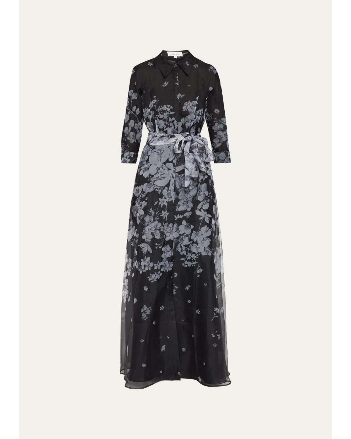 Floral Organza Tie-Waist Shirt Gown