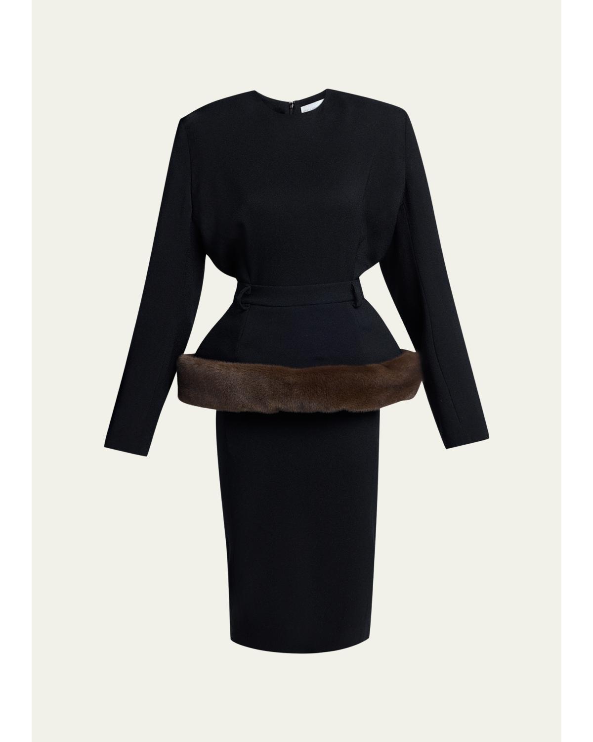 Stella Mccartney Long-sleeve Belted Faux-fur Peplum Midi Dress In Black