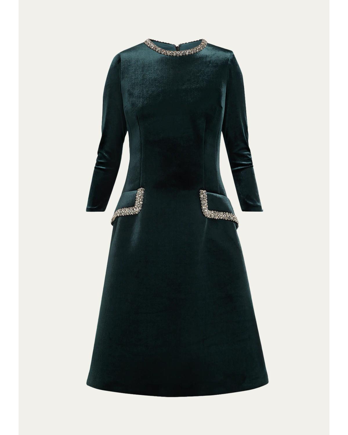 Rickie Freeman For Teri Jon Embellished Velvet Cocktail Midi Dress In Forest
