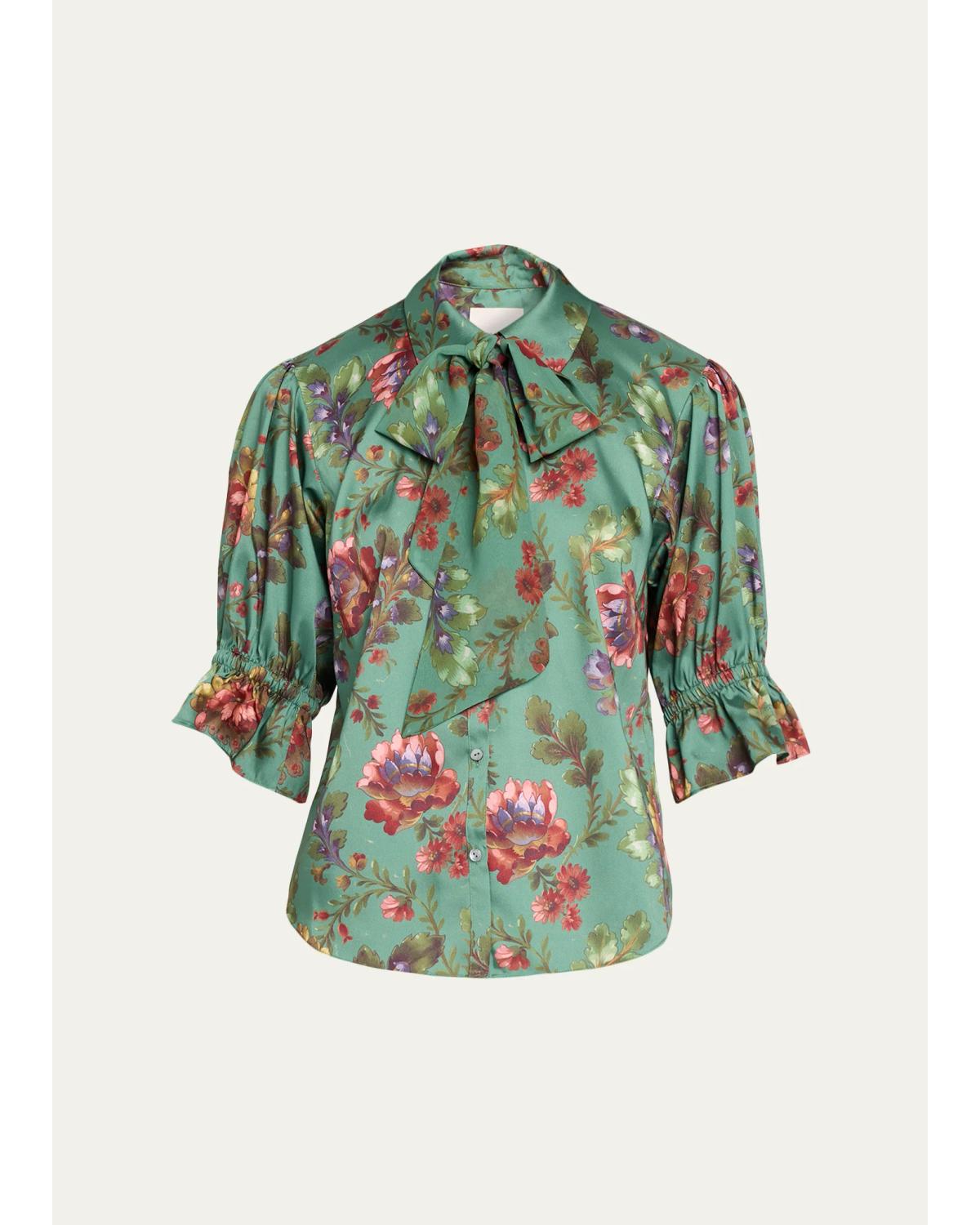 Fresco Floral Tie-Neck Blouse