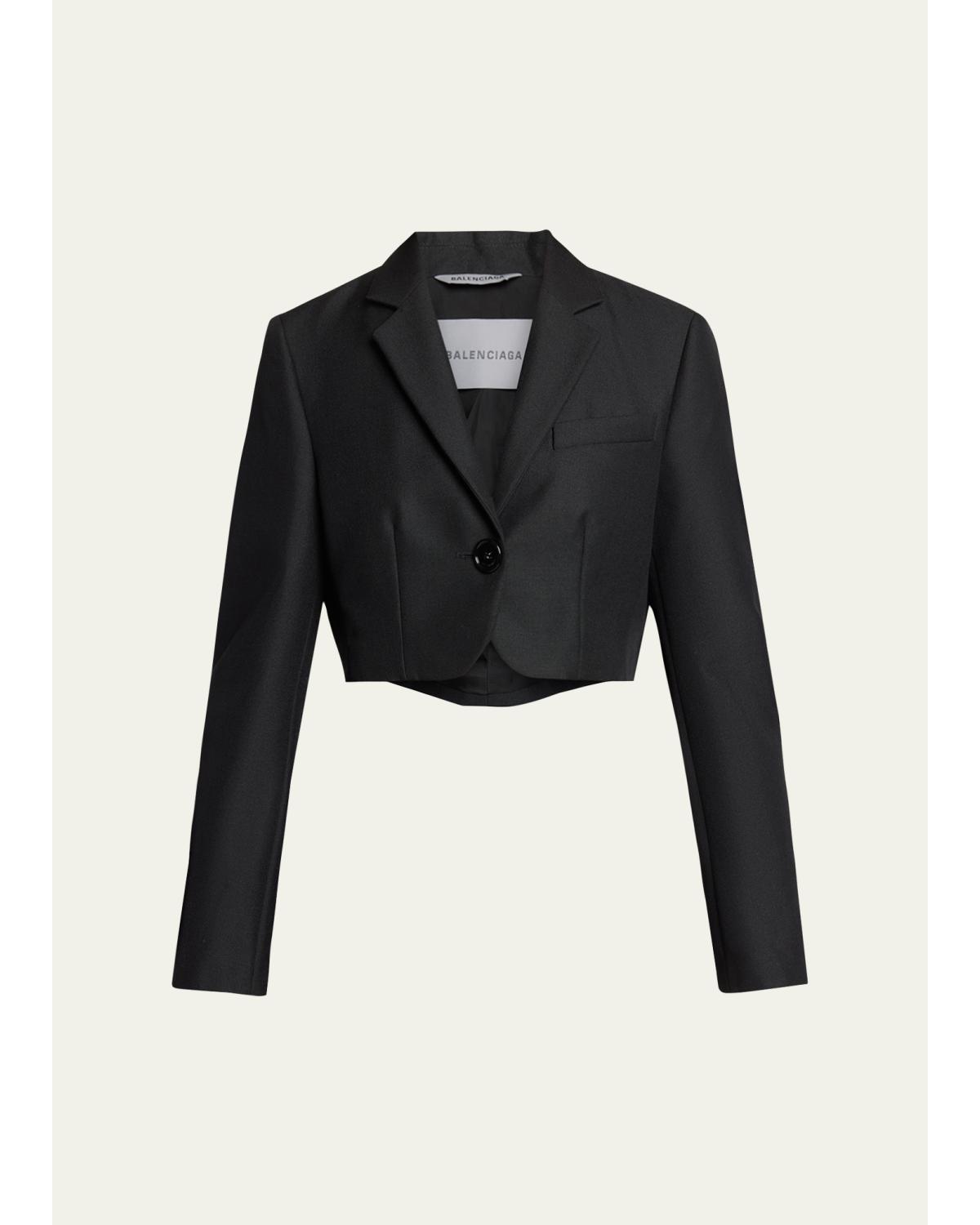 Single-Breasted Wool Twill Crop High-Low Jacket