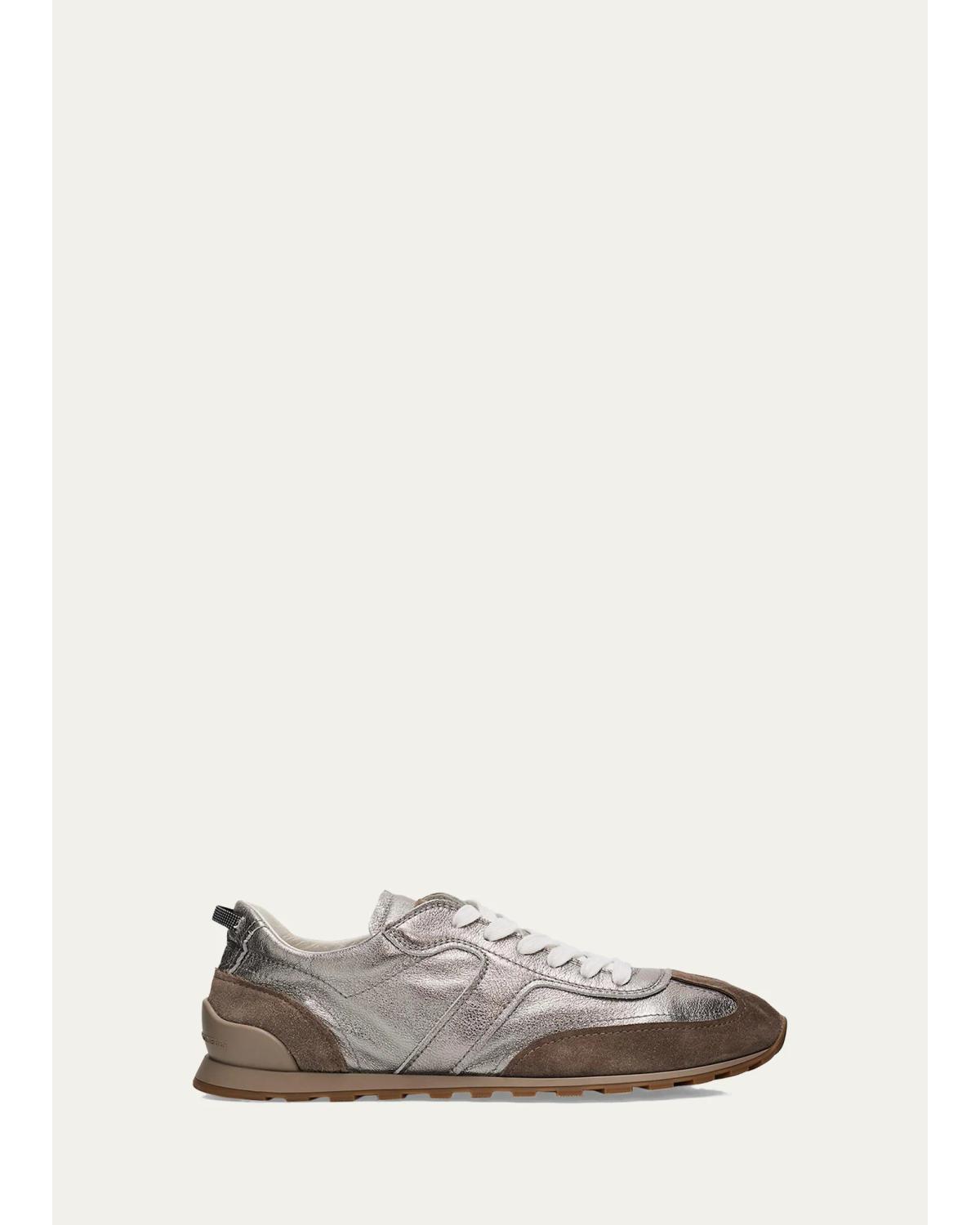 Monili Pull-Tab Crinkle-Effect Leather Low-Top Sneakers