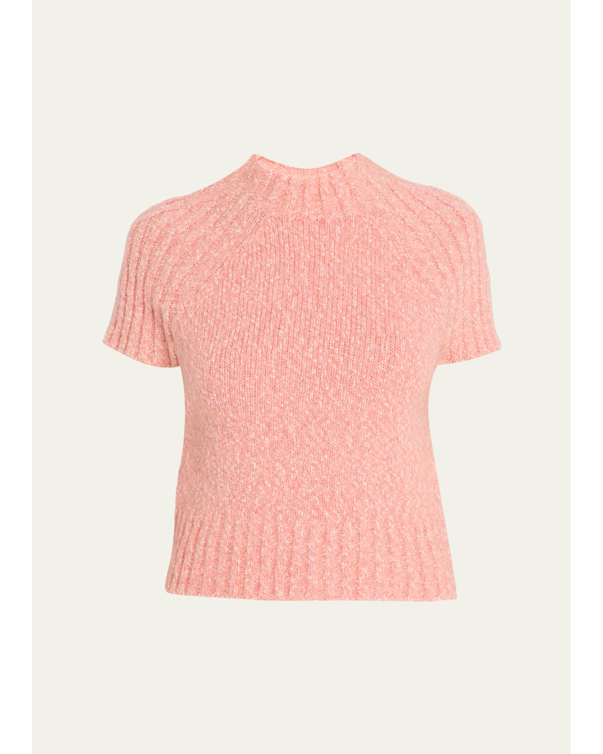Chunky Marled Knit Short-Sleeved Mock-Neck Sweater