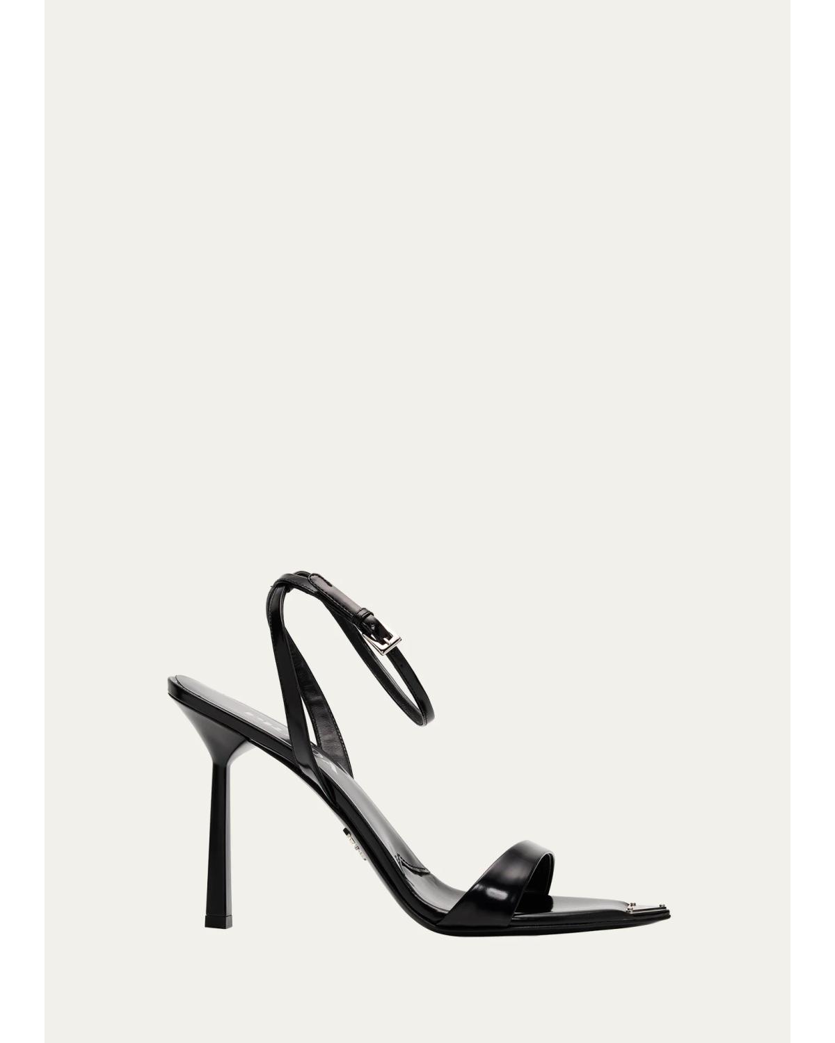 100Mm Triangle Logo Leather Ankle-Strap Sandals