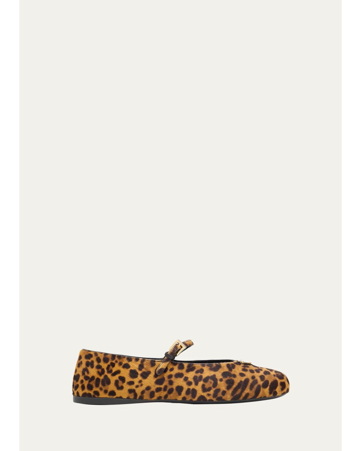 Triangle Logo Leopard Calf Hair Ballerina Flats