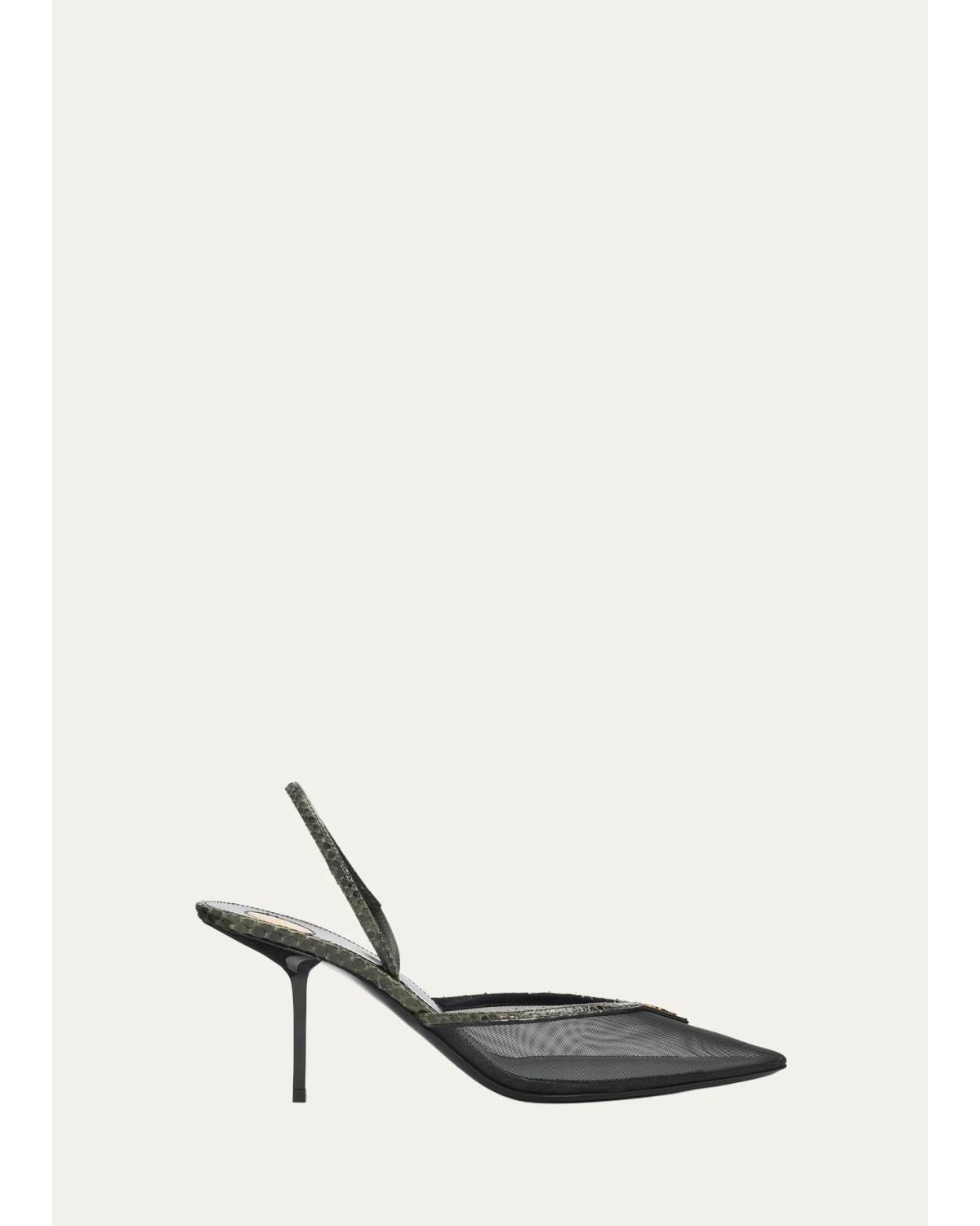 90Mm Mesh And Python-Embossed Slingback