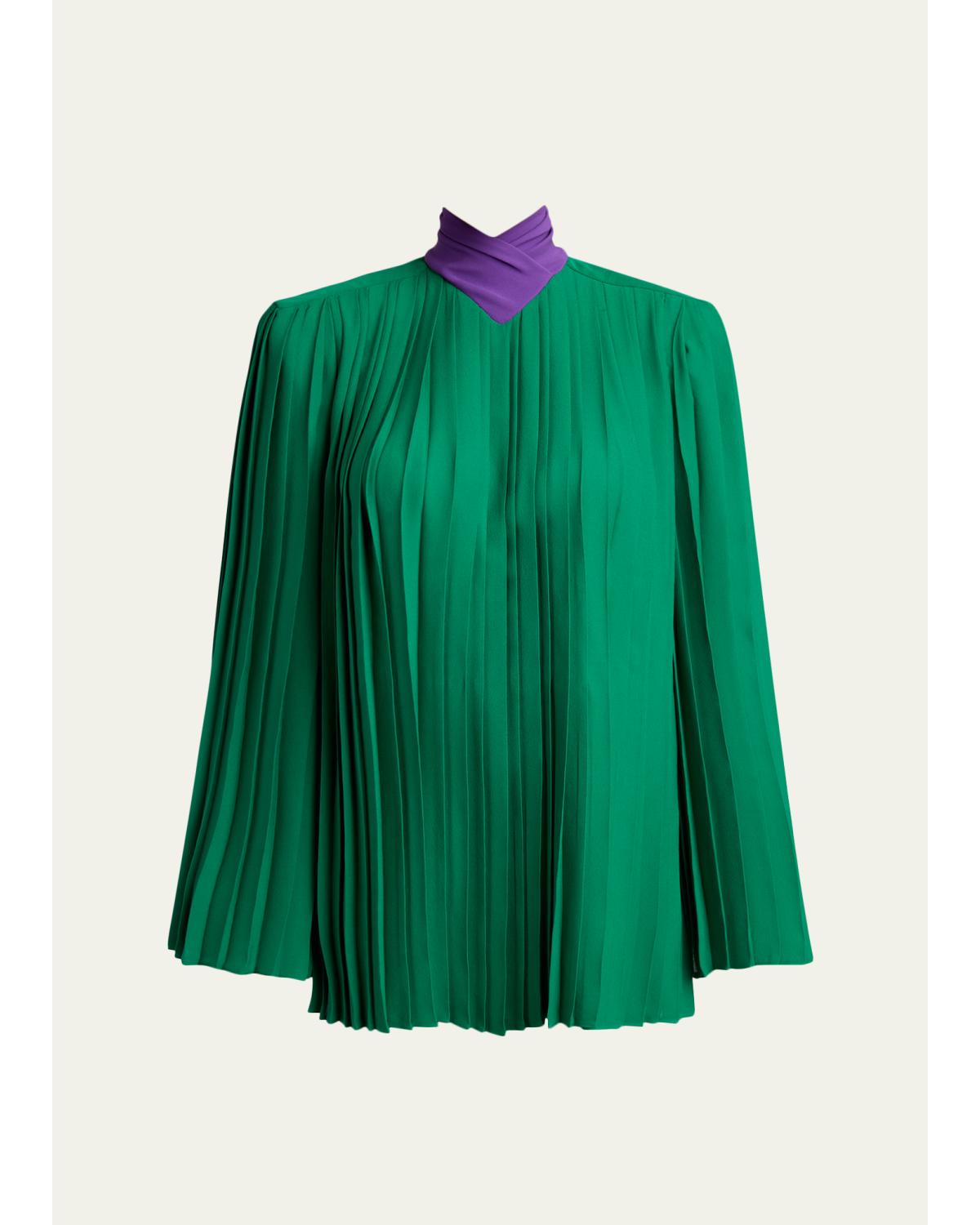 Mock-Neck Pleated Silk Long-Sleeve Top