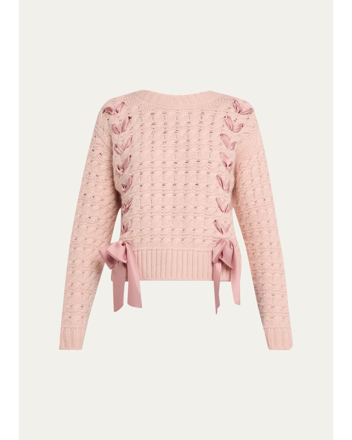 Loveshackfancy Quimby Ribbon Lace-up Pullover Sweater In Sanded Petal