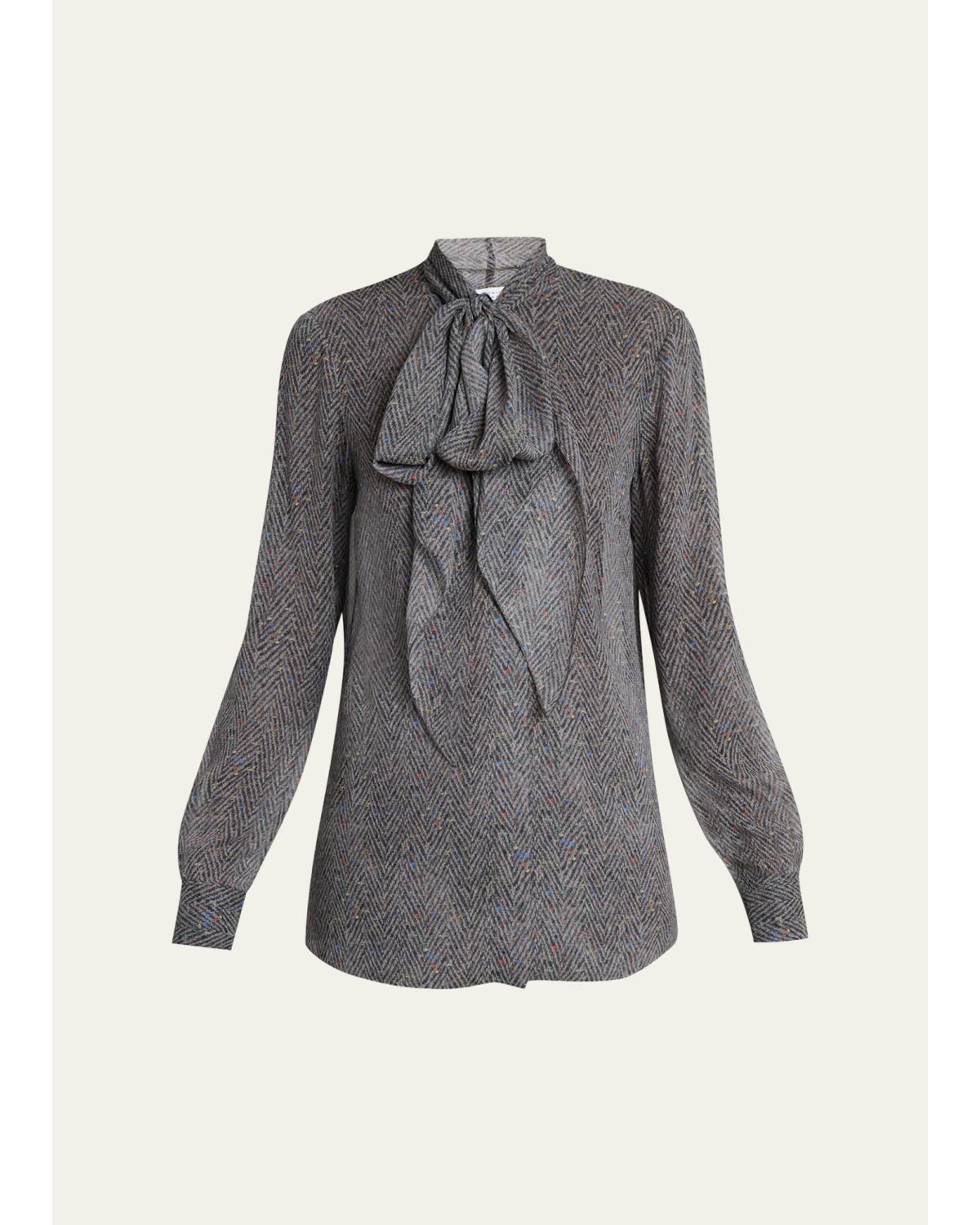 Shildon Herringbone Silk Bow Button-Down Top