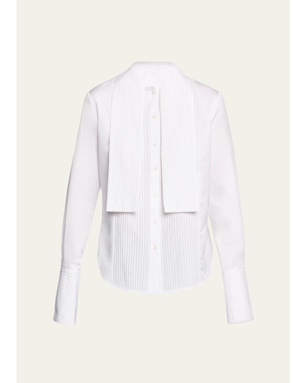 Brandon Maxwell Inez Pleated Draped Tuxedo Shirt In White