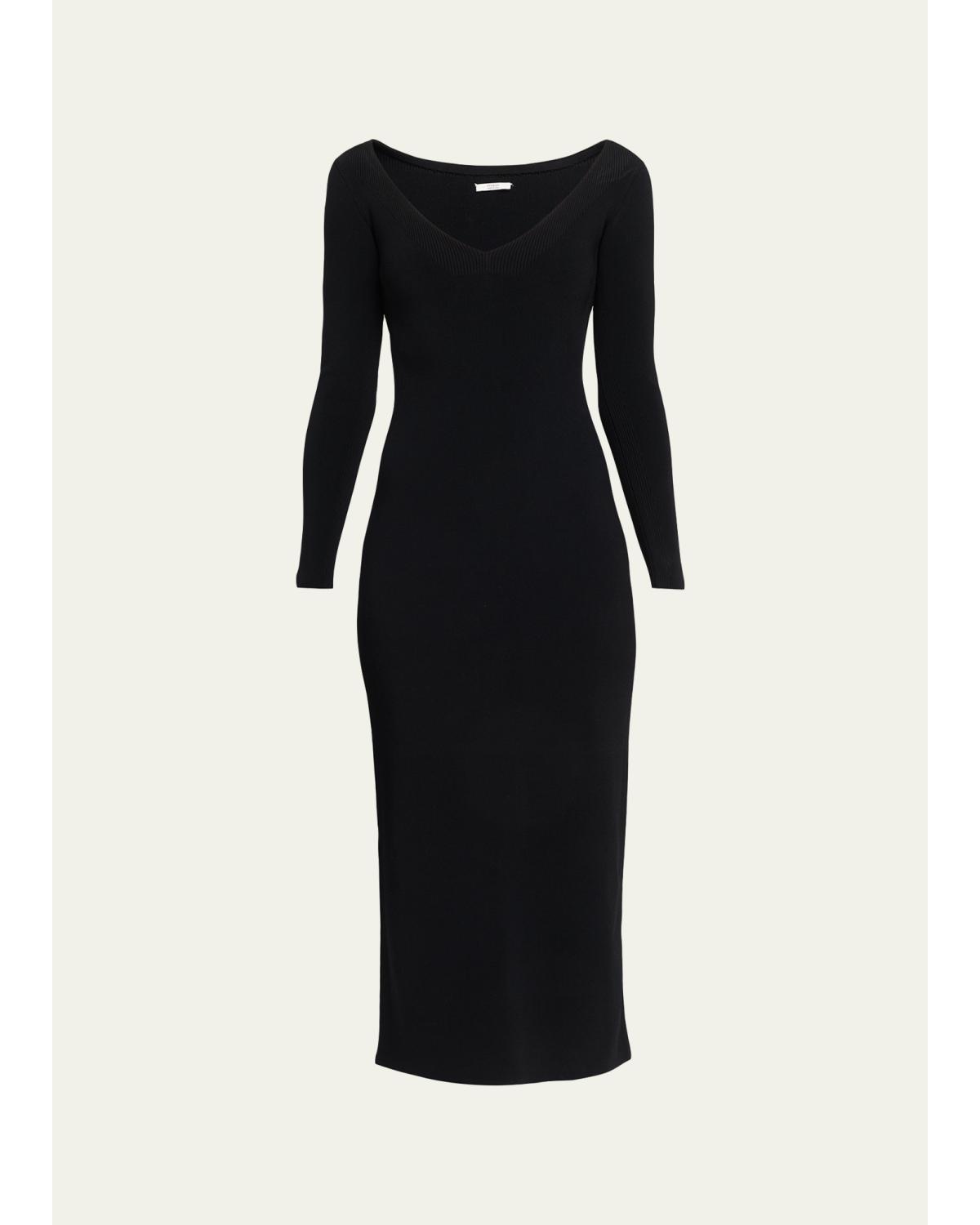 Fforme Lottie Wide V-neck Ribbed Long-sleeve Midi Dress In Black