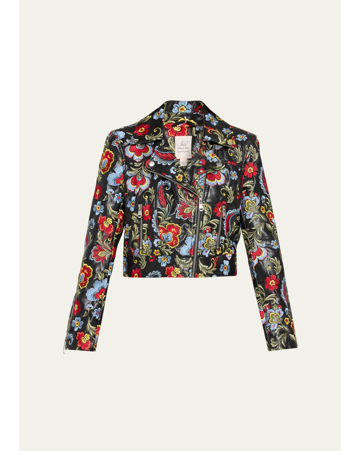 Genevive Floral-Embroidered Biker Jacket