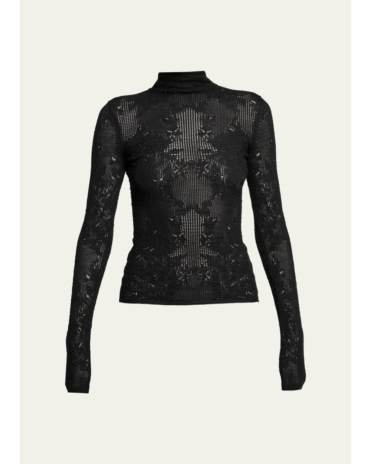 Waite Mock-Neck Lace Knit Long-Sleeve Top