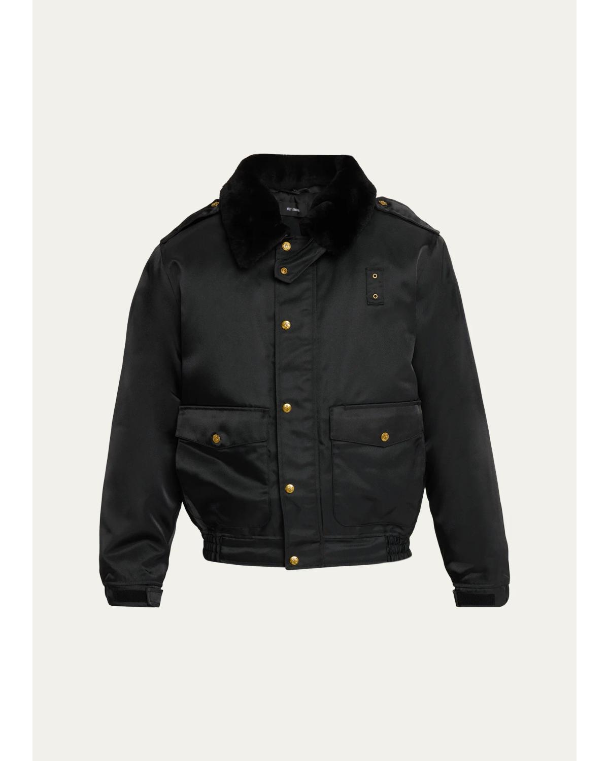 Faux-Fur Collar Shiny Nylon Uniform Bomber Jacket