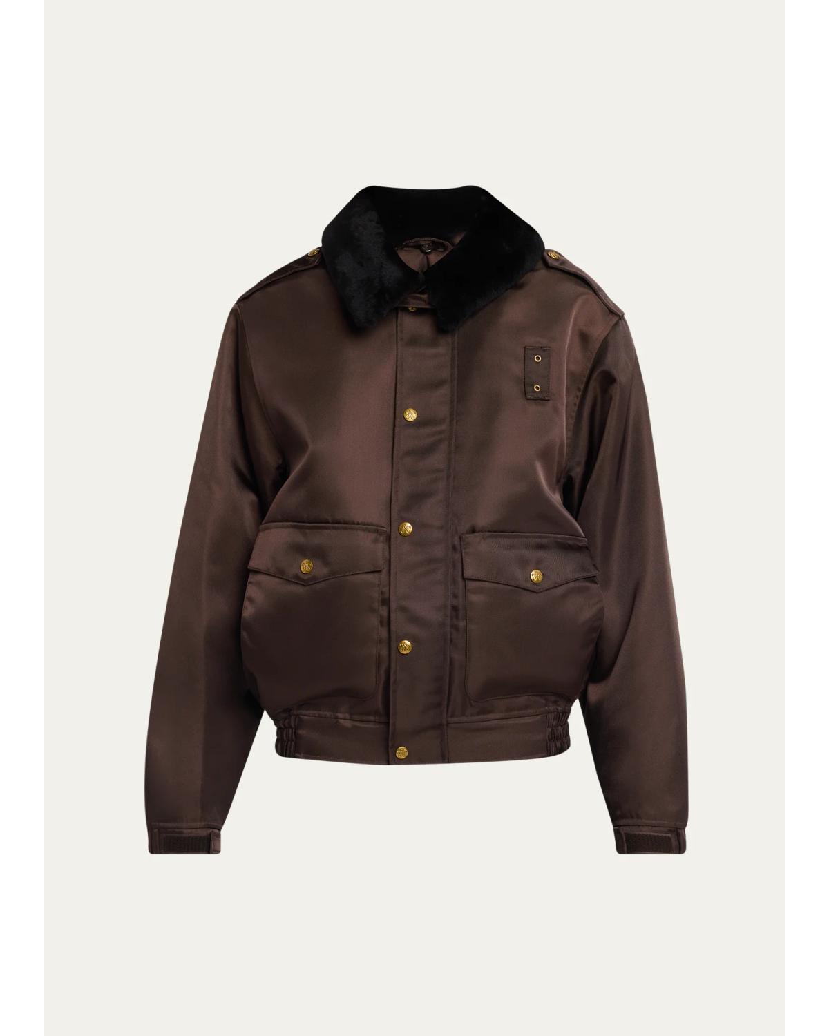 Faux-Fur Collar Shiny Nylon Uniform Bomber Jacket