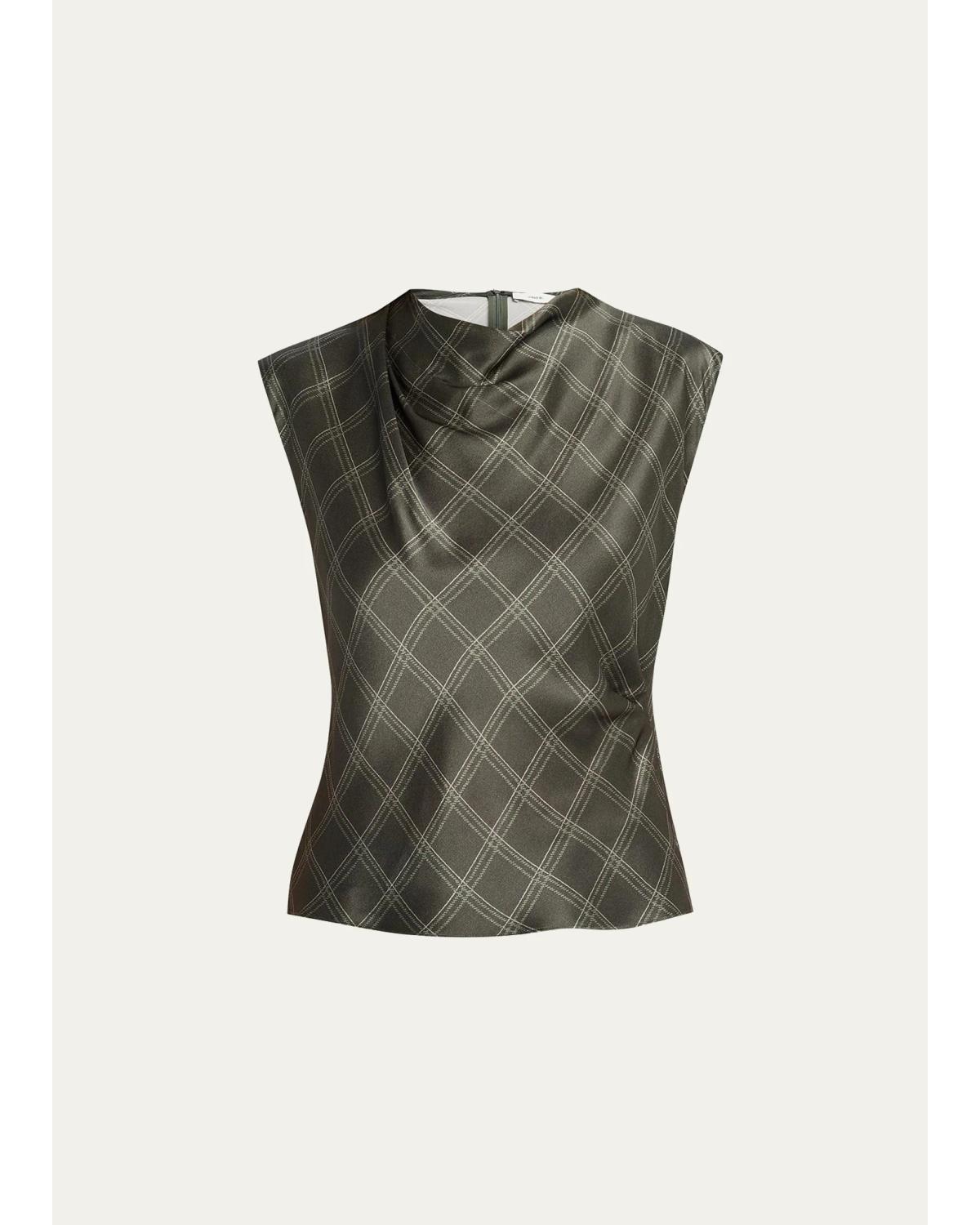 Diamond Plaid Silk Cowl-Neck Top