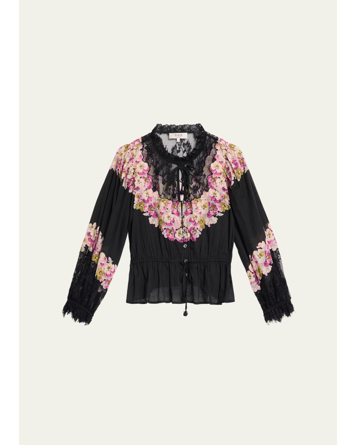 Persephone Print Cotton & Lace Long-Sleeve Blouse