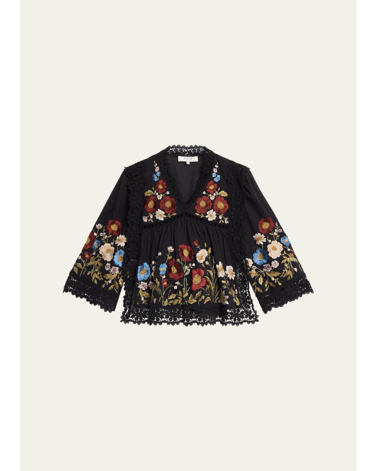 Ruwa Embroidered V-Neck Long-Sleeve Top