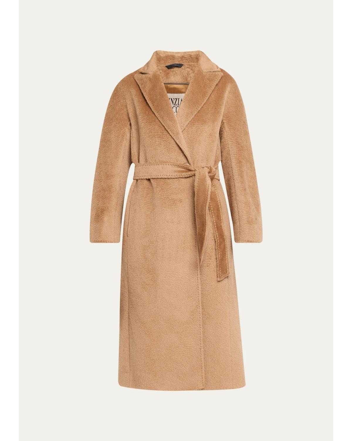 Long Belted Notch-Collar Wool-Blend Coat