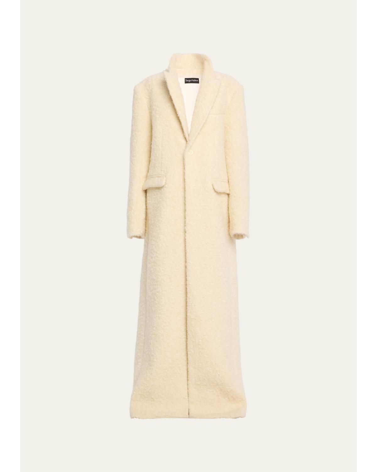 Sergio Hudson Single-breasted Teddy Boucle Long Coat In White