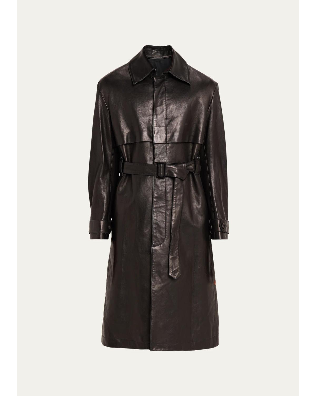 Men'S Leather Belted Trench Coat