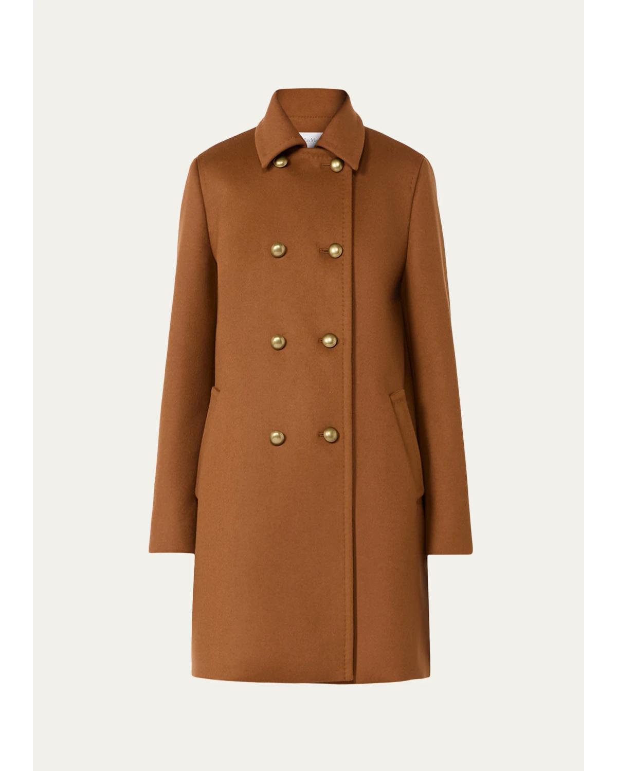 Double-Breasted Wool Broadcloth Leather-Trim Coat