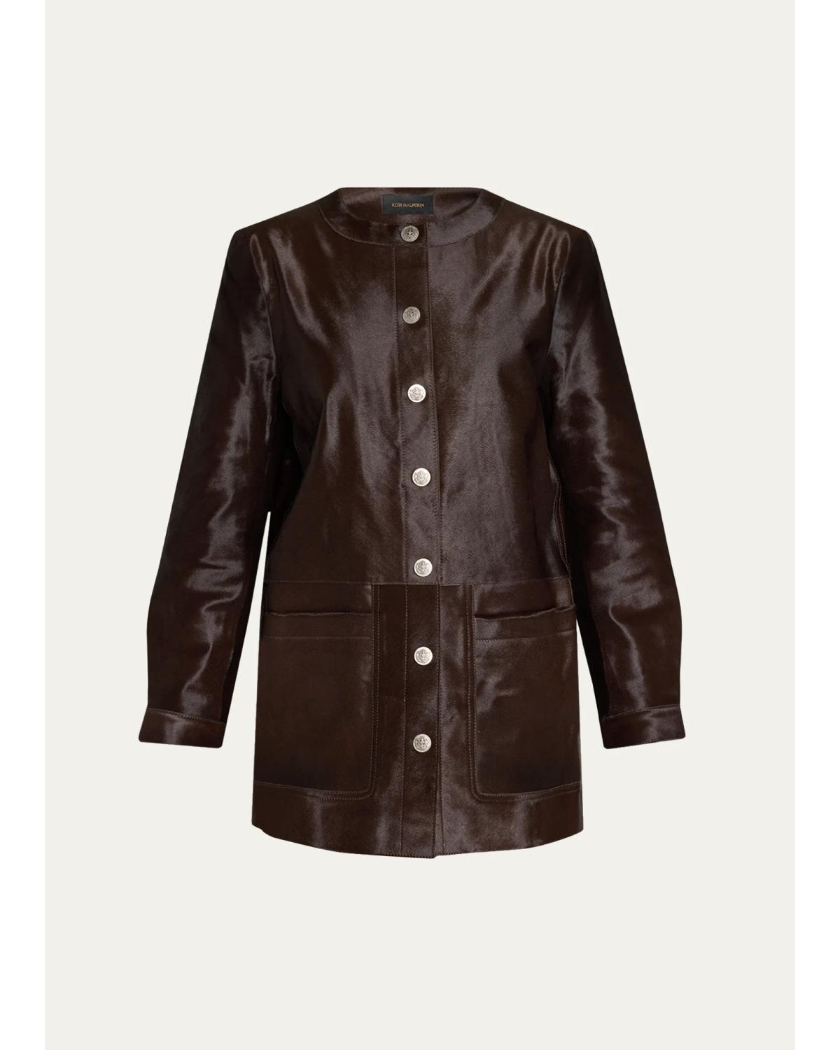 Lisa Leather & Calf Hair Button-Front Coat