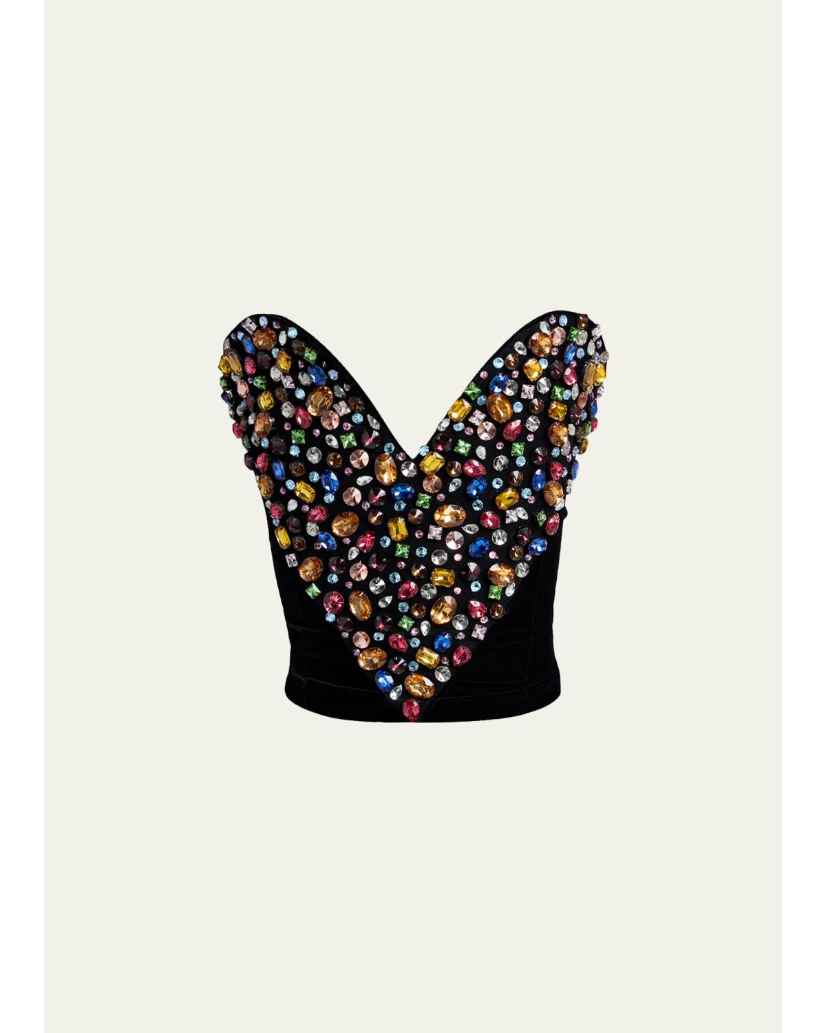 Strapless Crystal Heart Embroidered Velvet Bustier Top