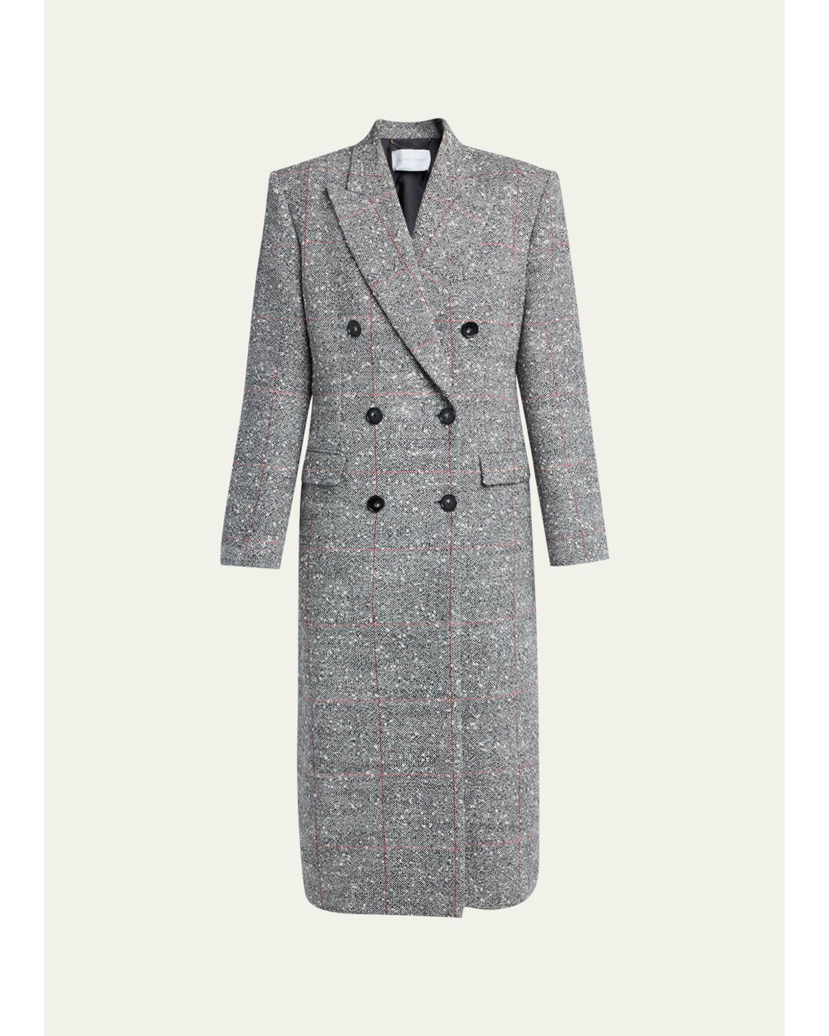Double-Breasted Check Boucle Long Coat