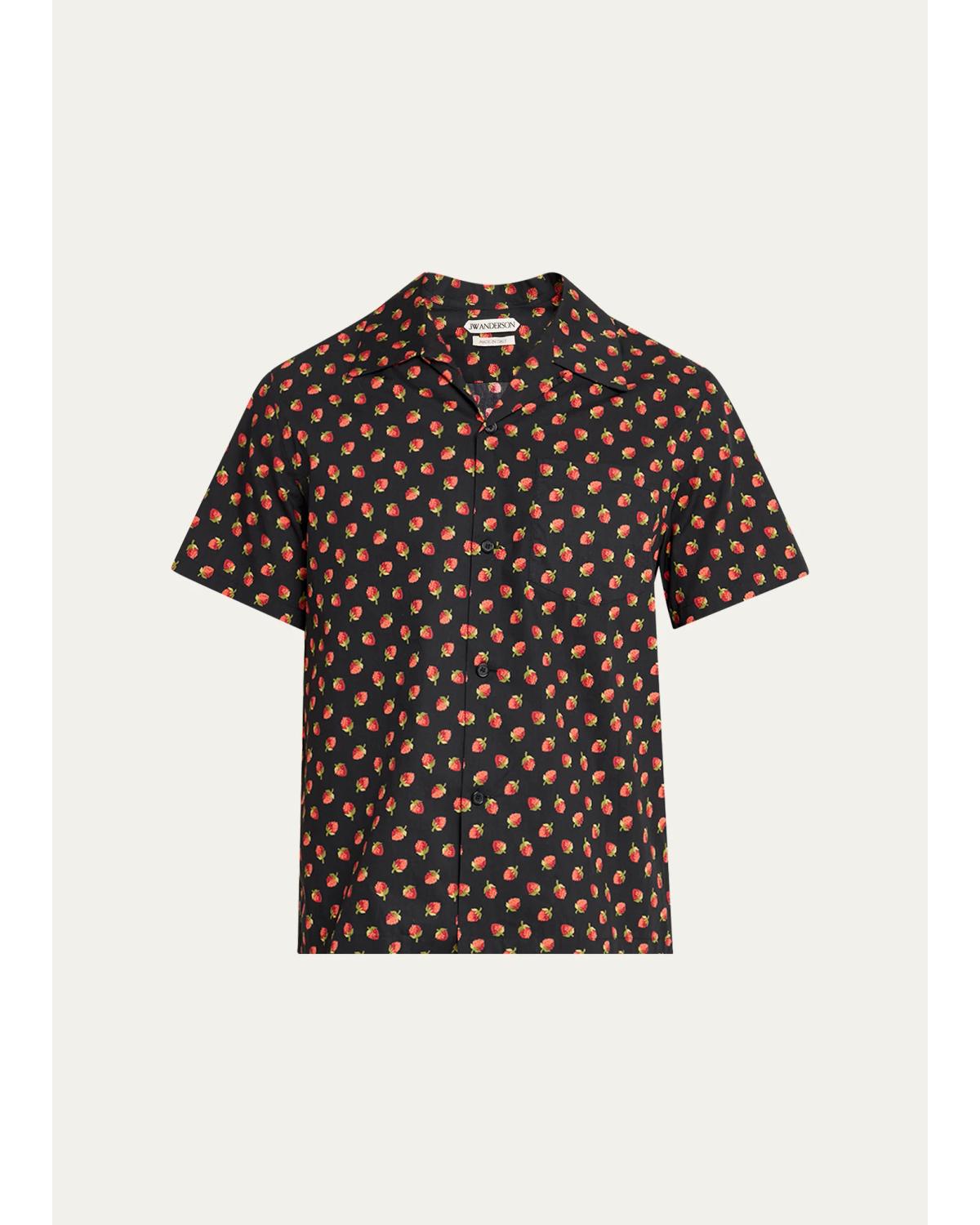 Strawberry-Print Cotton Camp Shirt