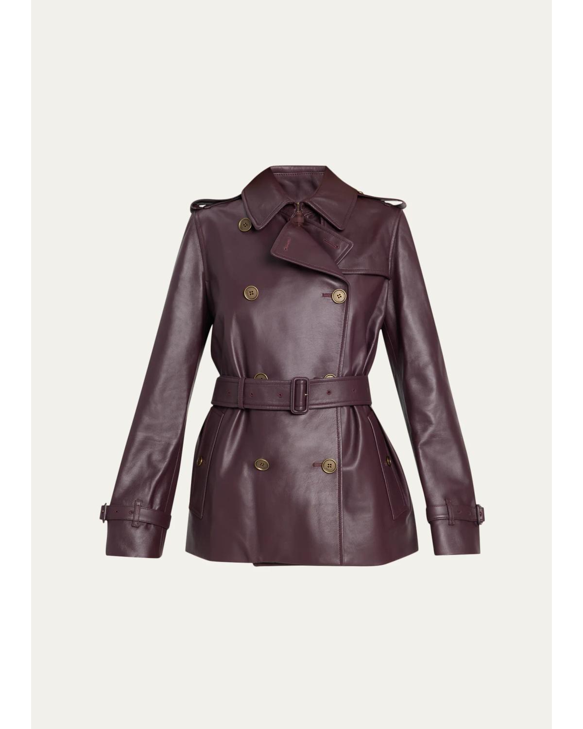 Burberry Kensington Leather Belted Short Trench Jacket In Burgundy