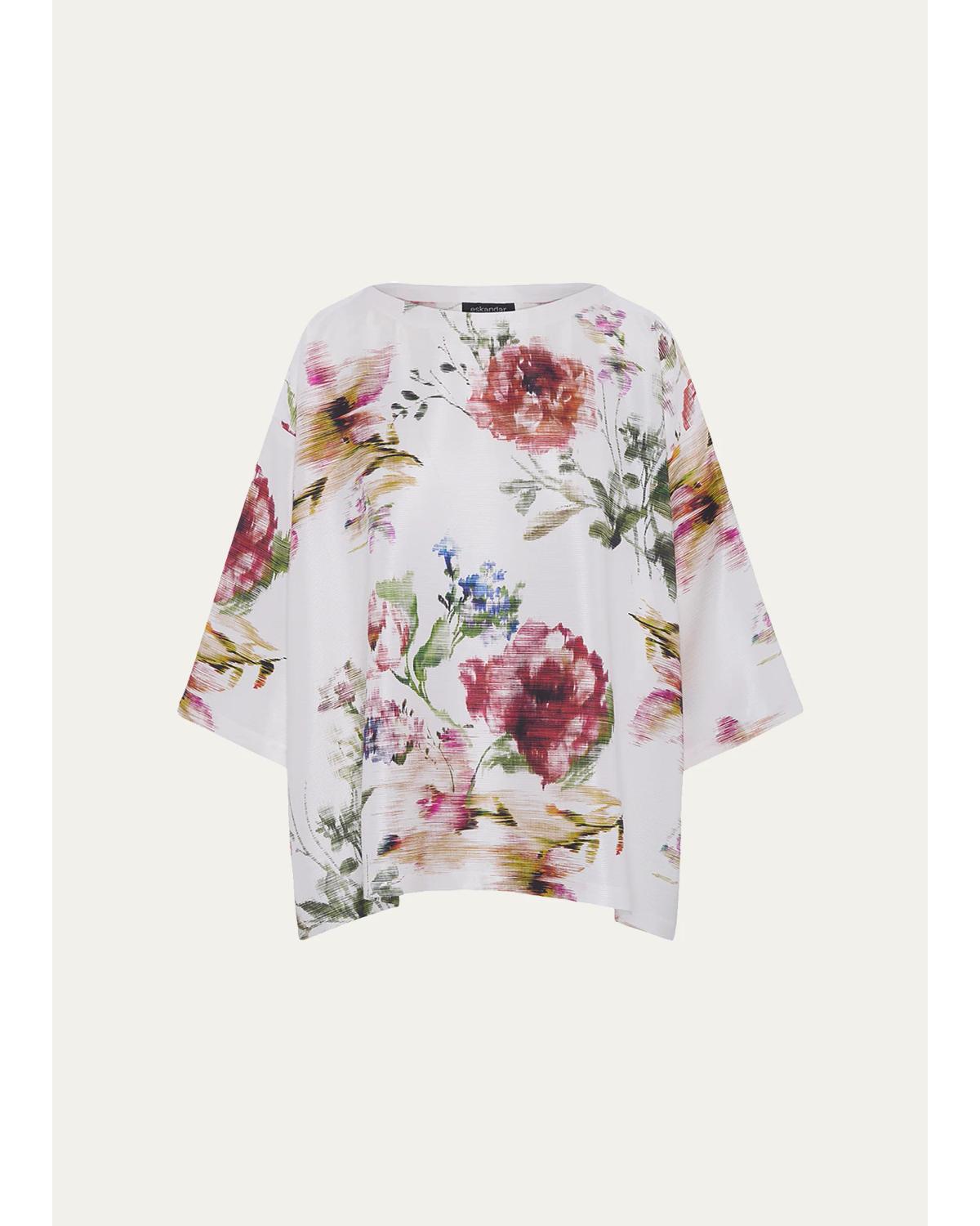 Eskandar A-line Scoop Neck Top - Mid Plus Length In White Multi