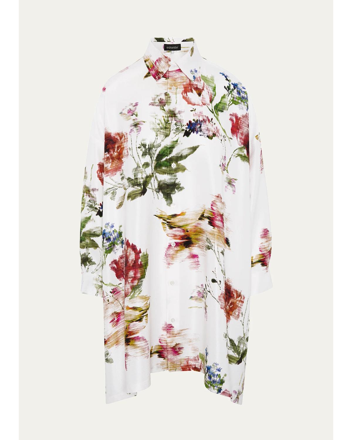 Eskandar Wide A-line Shirt With Collar - Long Plus Length In White Multi