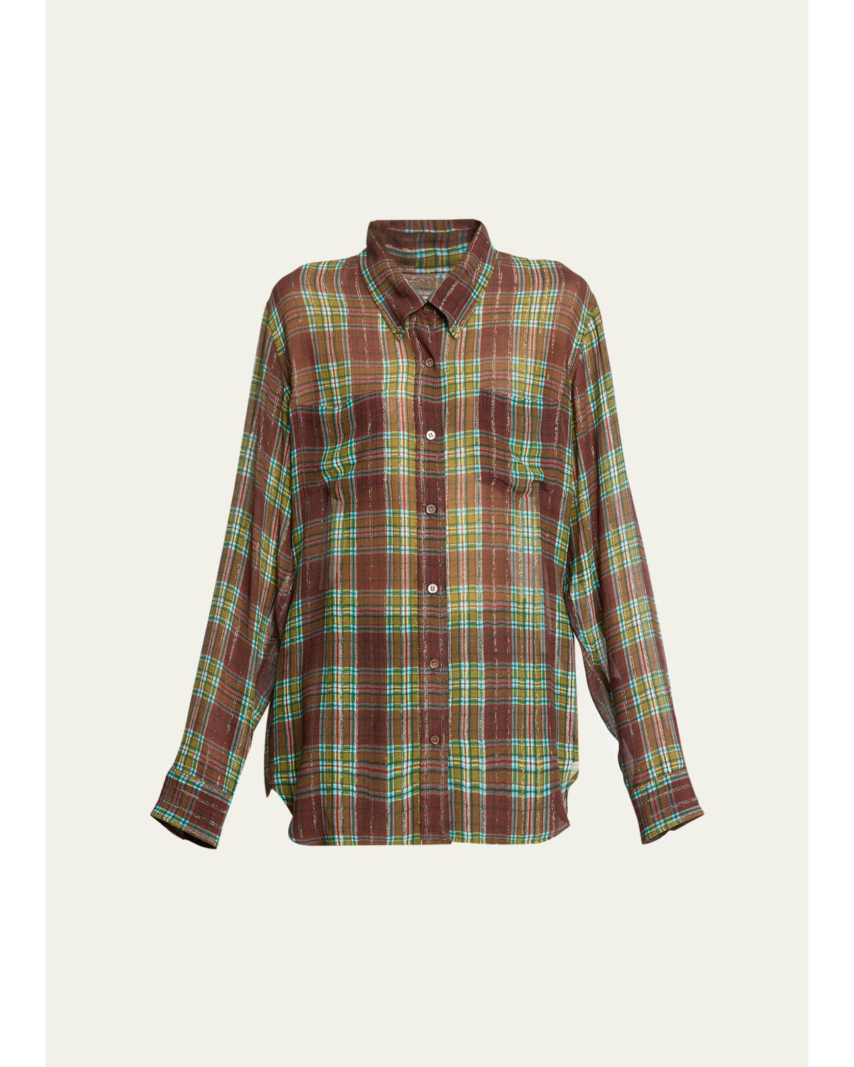 Plaid Silk-Blend Button-Front Shirt