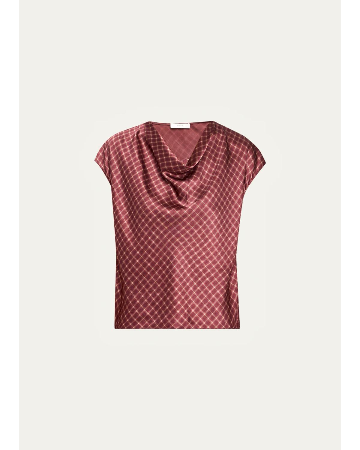 Ombré Plaid Silk Satin Cowl-Neck Blouse