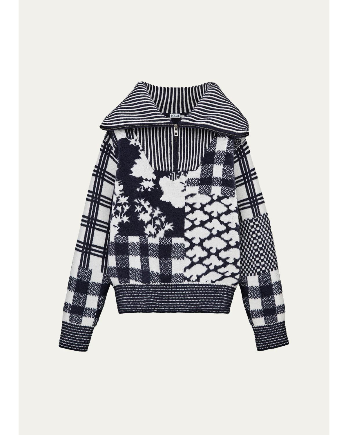 Geometric Patchwork Half-Zip Sweater