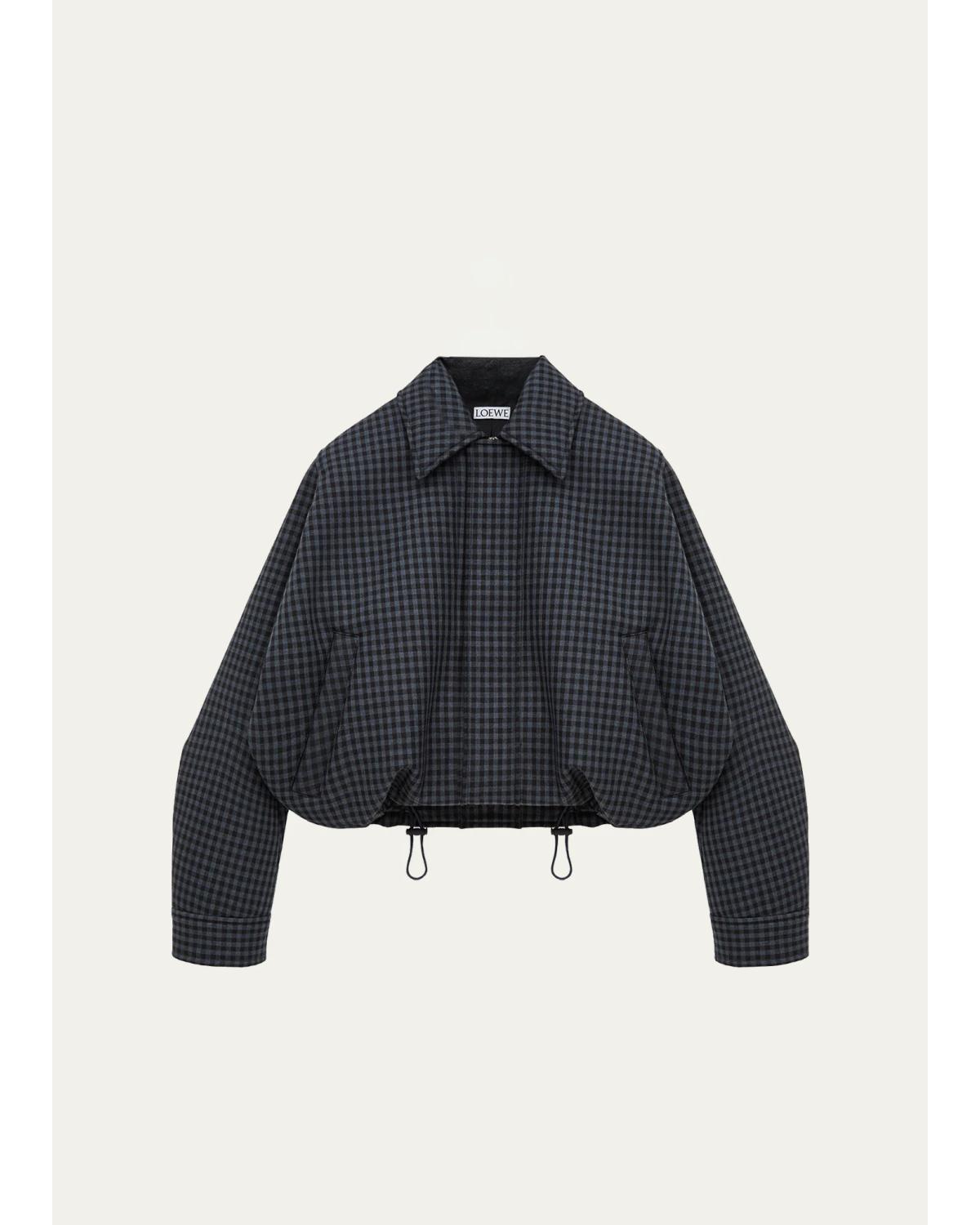 Check Wool-Blend Drawstring Balloon Jacket