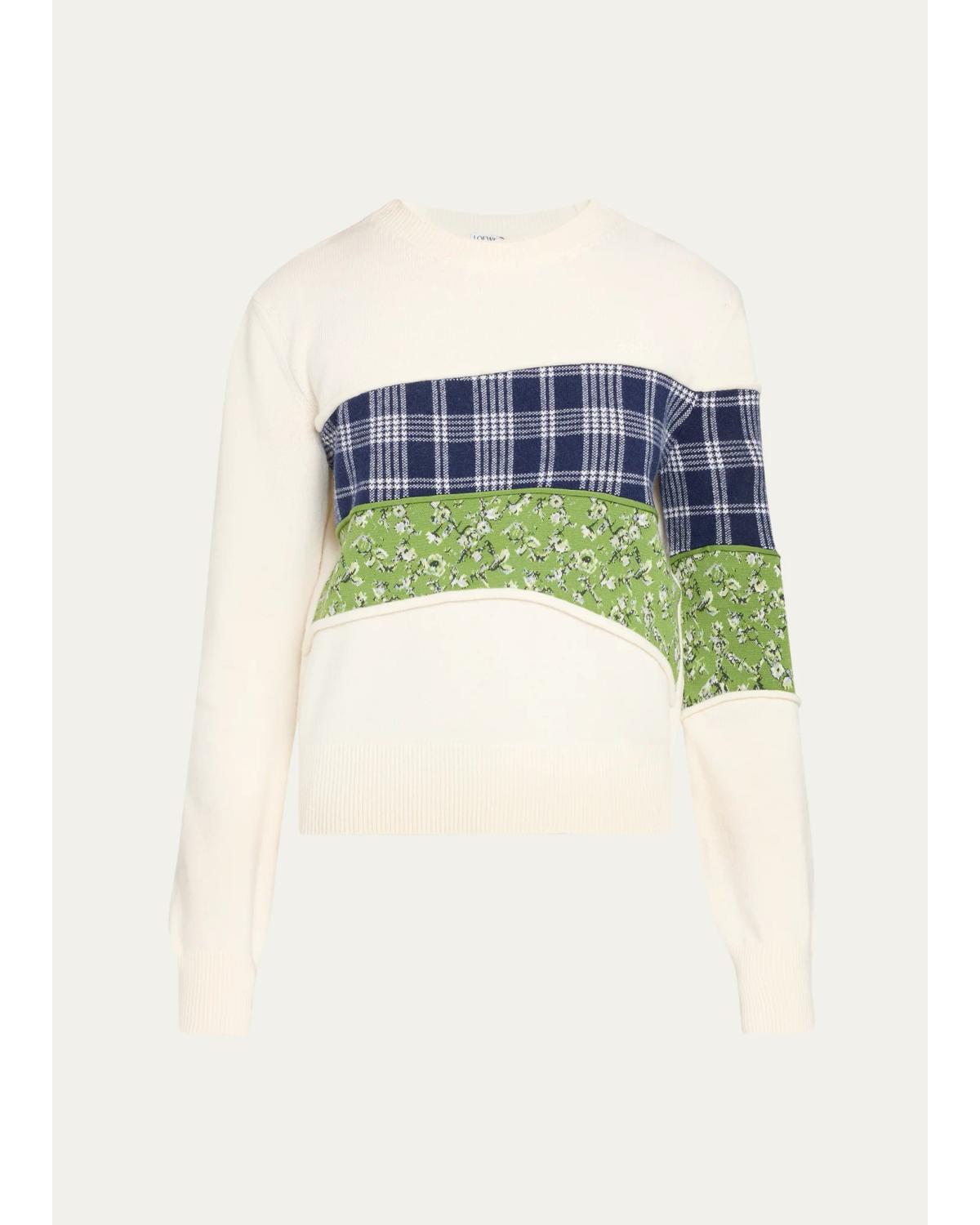 Patchwork Wool Knit Crewneck Sweater