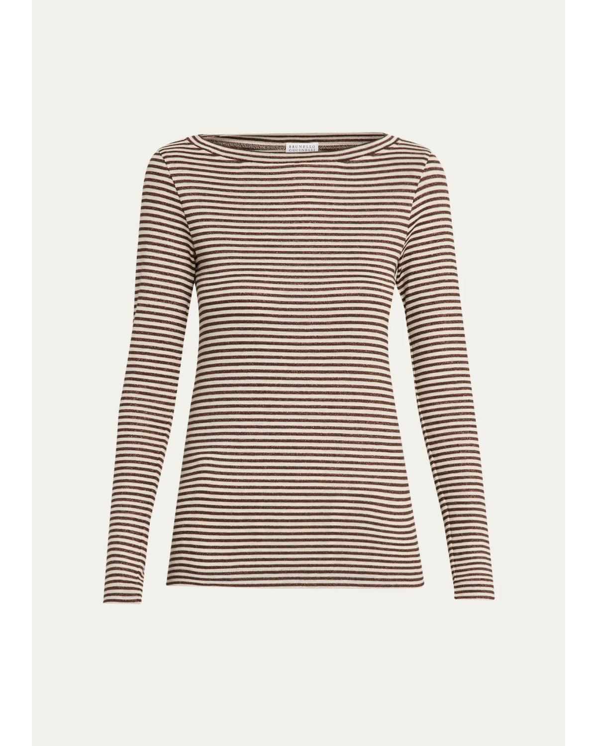 Glimmering Fine Stripe Wool Jersey Long-Sleeve Top