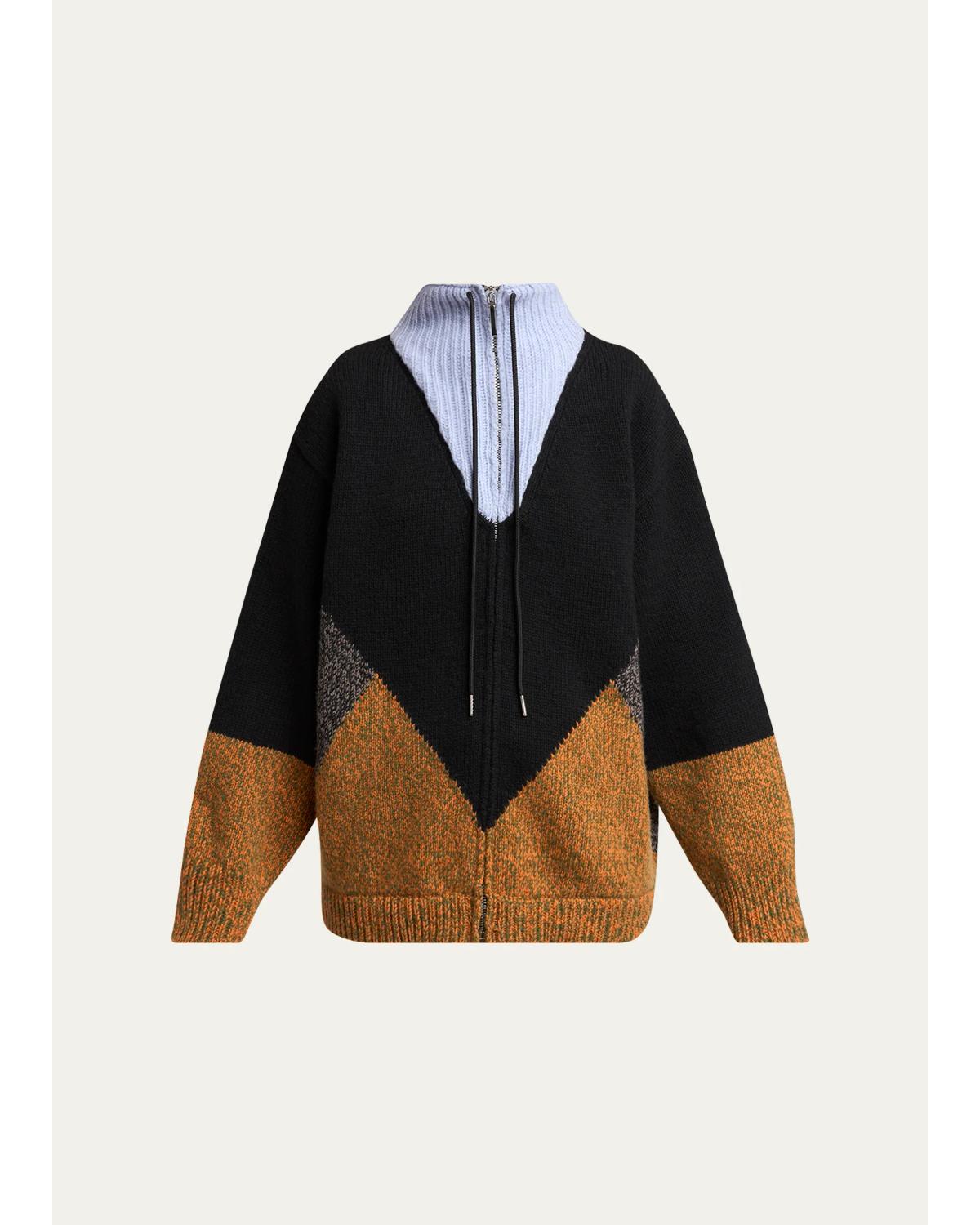 Colorblock Wool-Cashmere Drawstring Zip Jacket