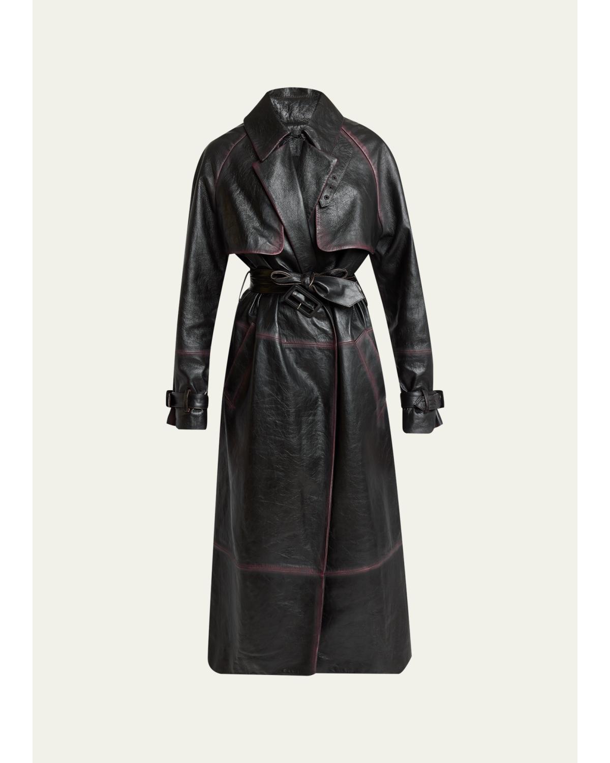 Kasia Burnished Leather Belted Long Trench Coat