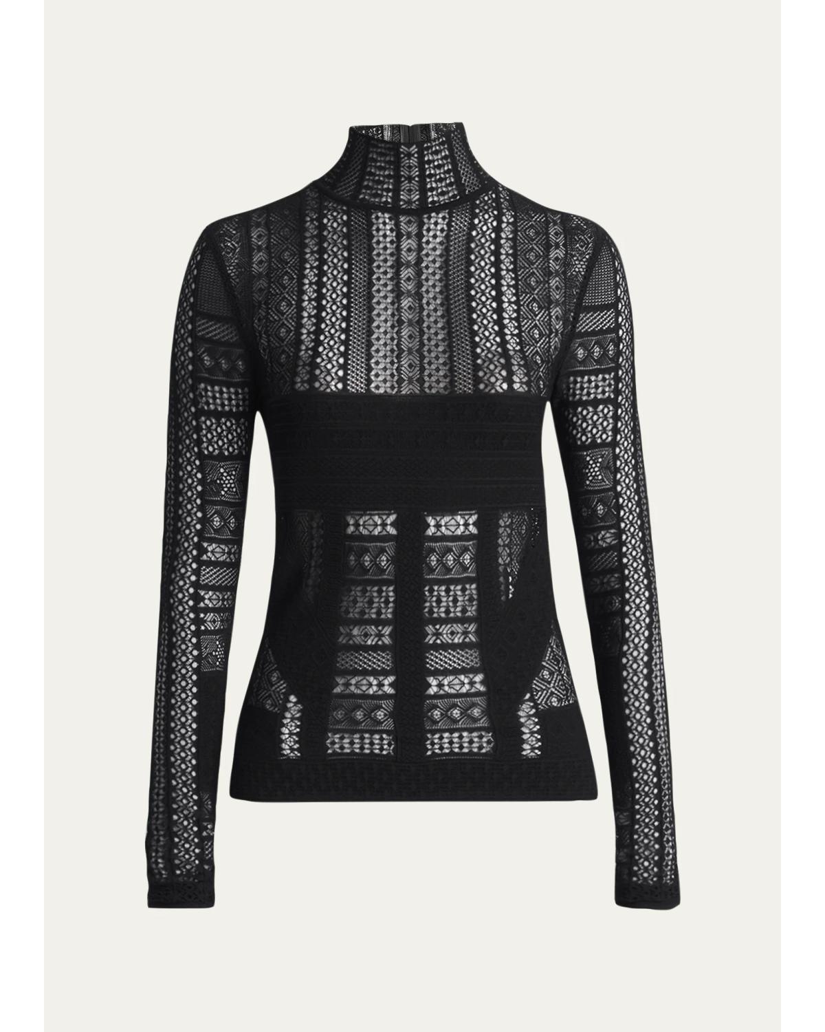 Mixed Lace Long-Sleeve Turtleneck Top