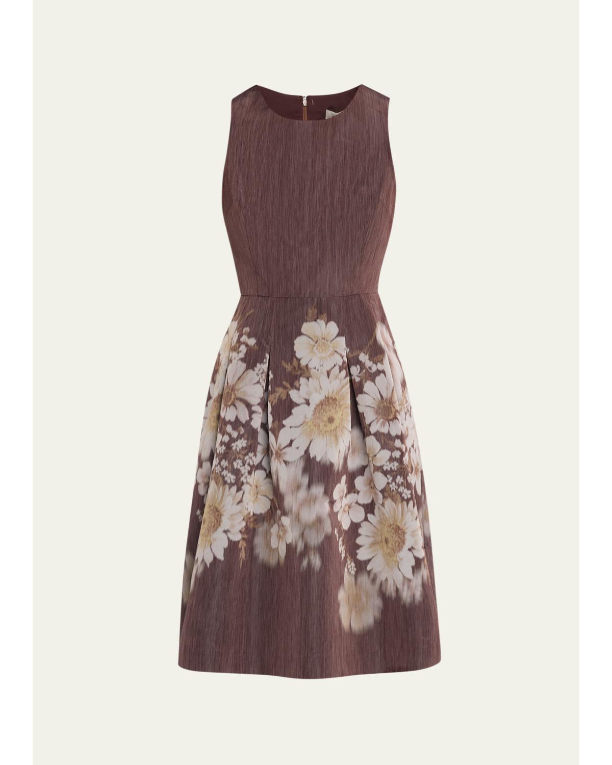 Pleated Floral-Print Mikado Dress