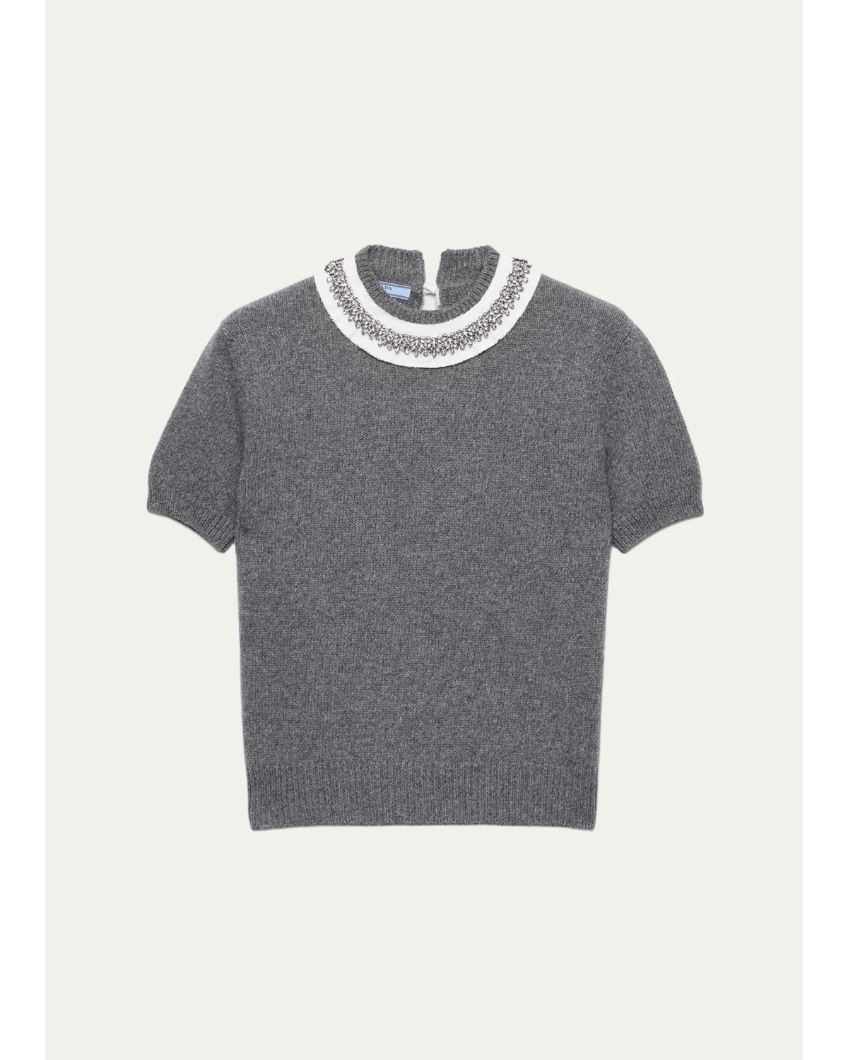 Prada Embellished Short-sleeve Sweater In Gray