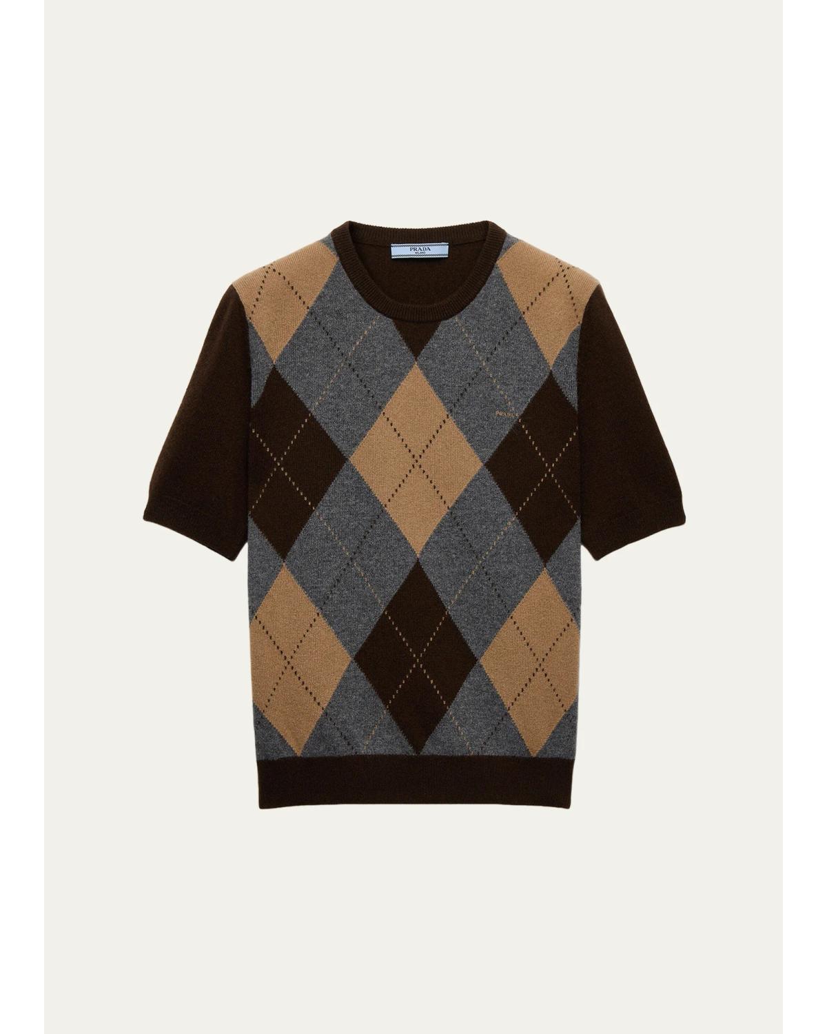 Argyle Cashmere Short-Sleeve Crewneck Sweater