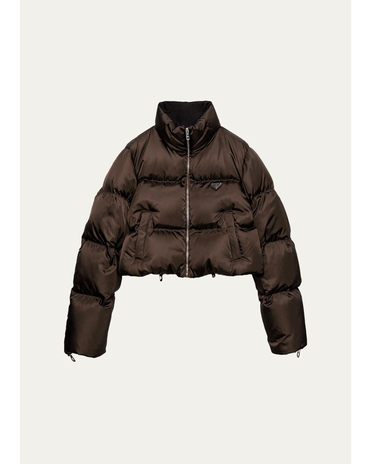 Prada Re-nylon Crop Puffer Jacket In Cocoa