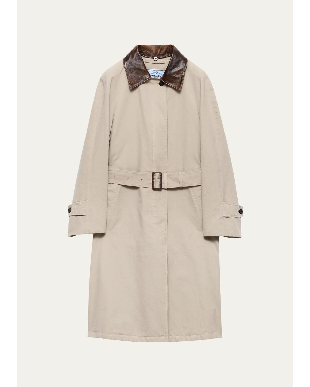Leather-Trim Cotton Trench Coat