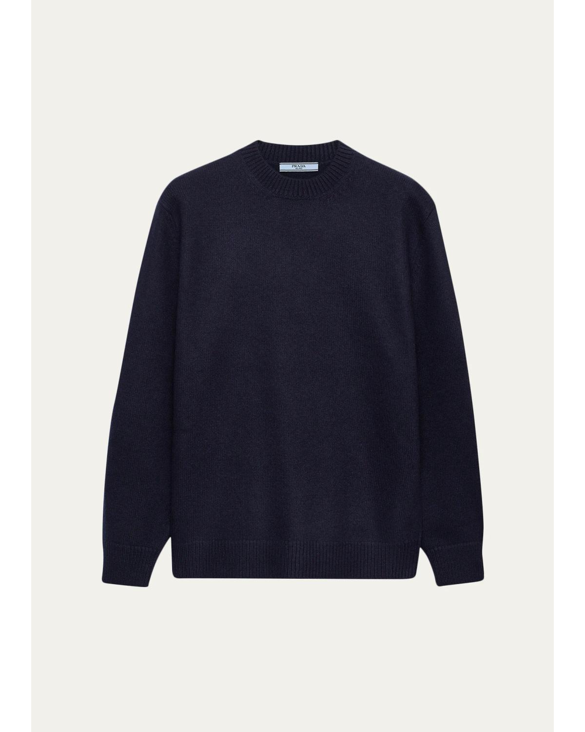Prada Leather Elbow-patch Wool Crewneck Sweater In Blue