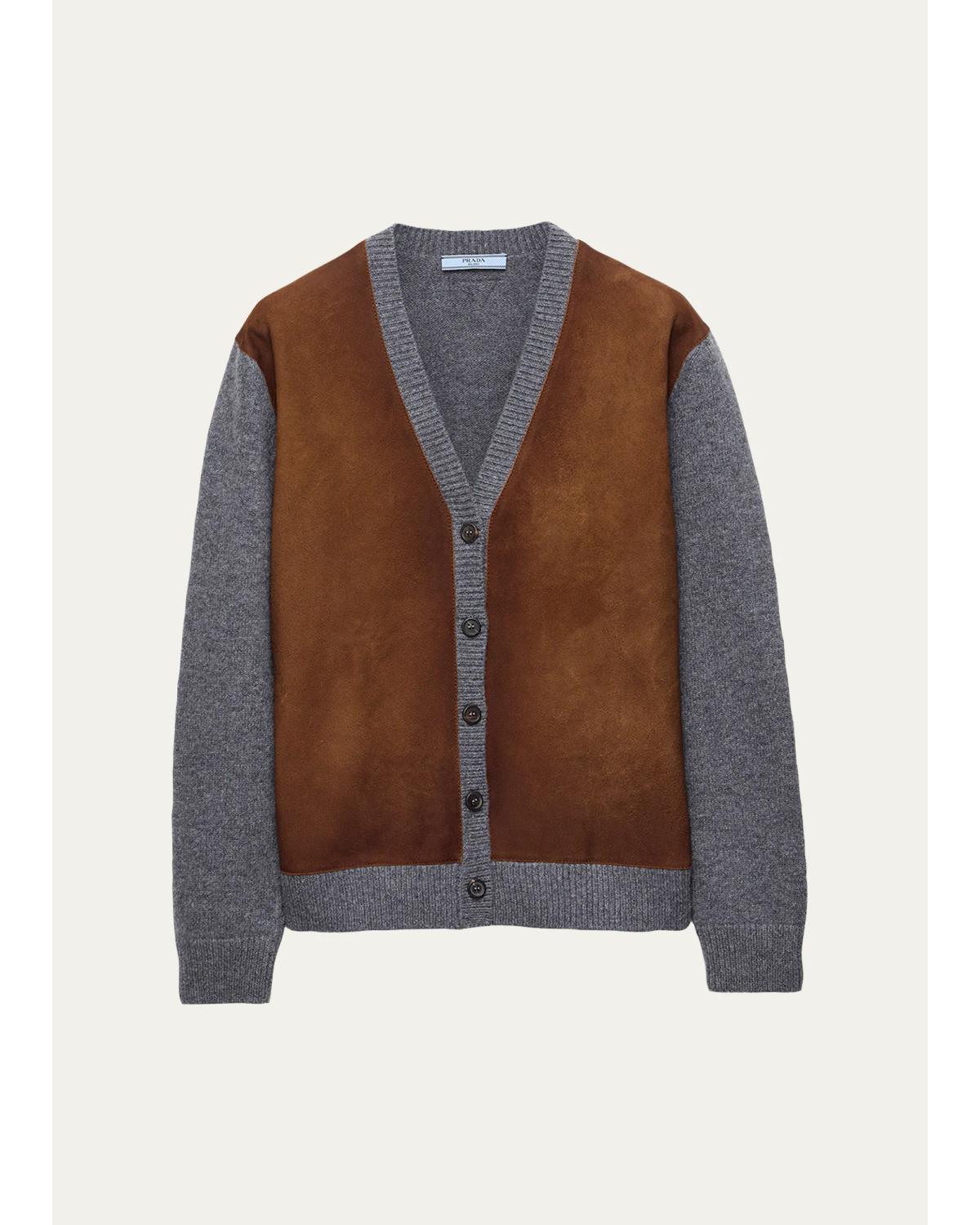 Suede & Wool Knit V-Neck Cardigan